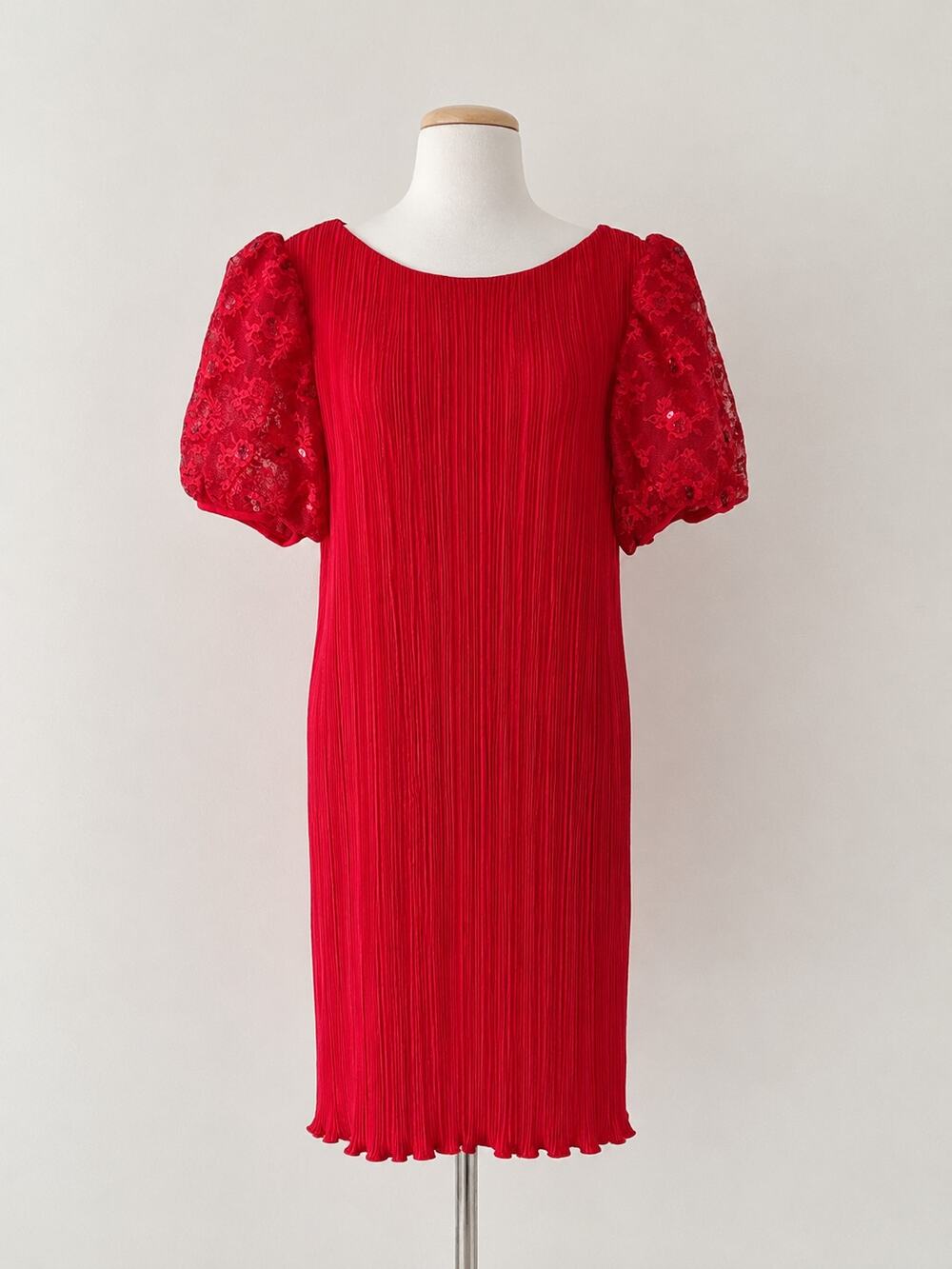 Vintage Vanna White Original Red Pleated Lace Sequin Dress 80s 90s Cocktail-Lg